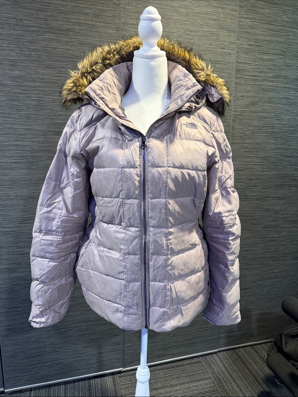 The North Face Women's Lavender Puffer Jacket with Faux-Fur Hood